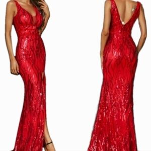 Red Tank, Slit Thigh, Sleeveless,  Contrast Sequined Maxi Gown for Speci…